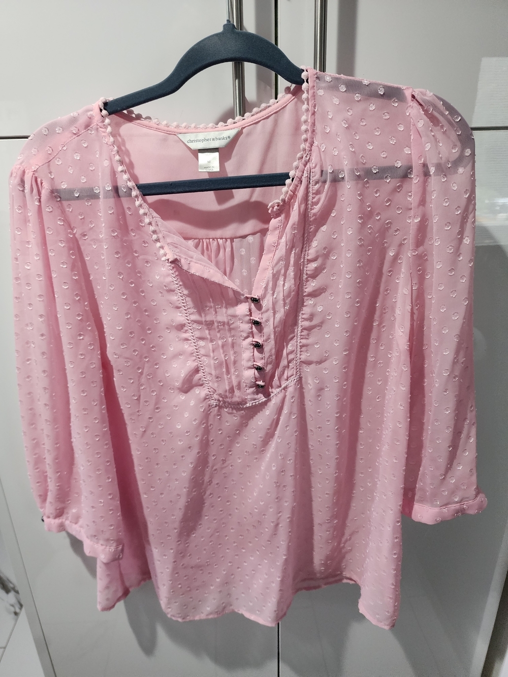Christopher & Banks Light Pink Swiss Dot Peasant Blouse